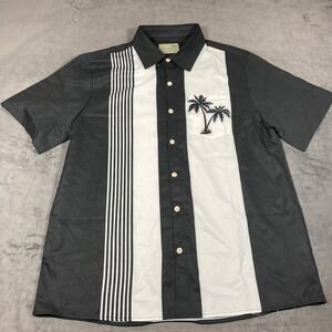 AlohaDaddy Mens Black White Striped Palm Tree Bowling Hawaiian Shirt Size M